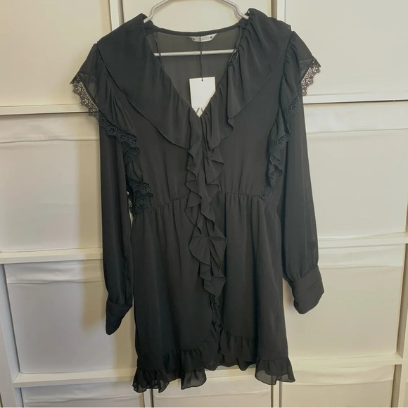 Zara Black Lace Ruffled Mini Dress - Picture 6 of 7